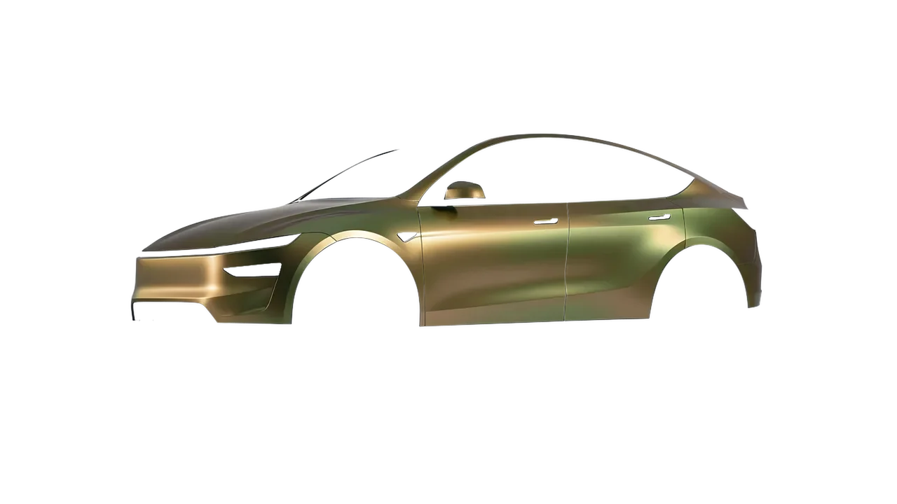 Tesla Model Y Juniper 2025 wrapped in Satin Flip Golden Aurora (3M SP264), front three-quarter view