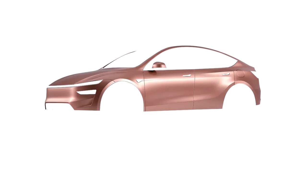 Tesla Model Y Juniper 2025 wrapped in Satin Rose Gold (KPMF K75555), front three-quarter view
