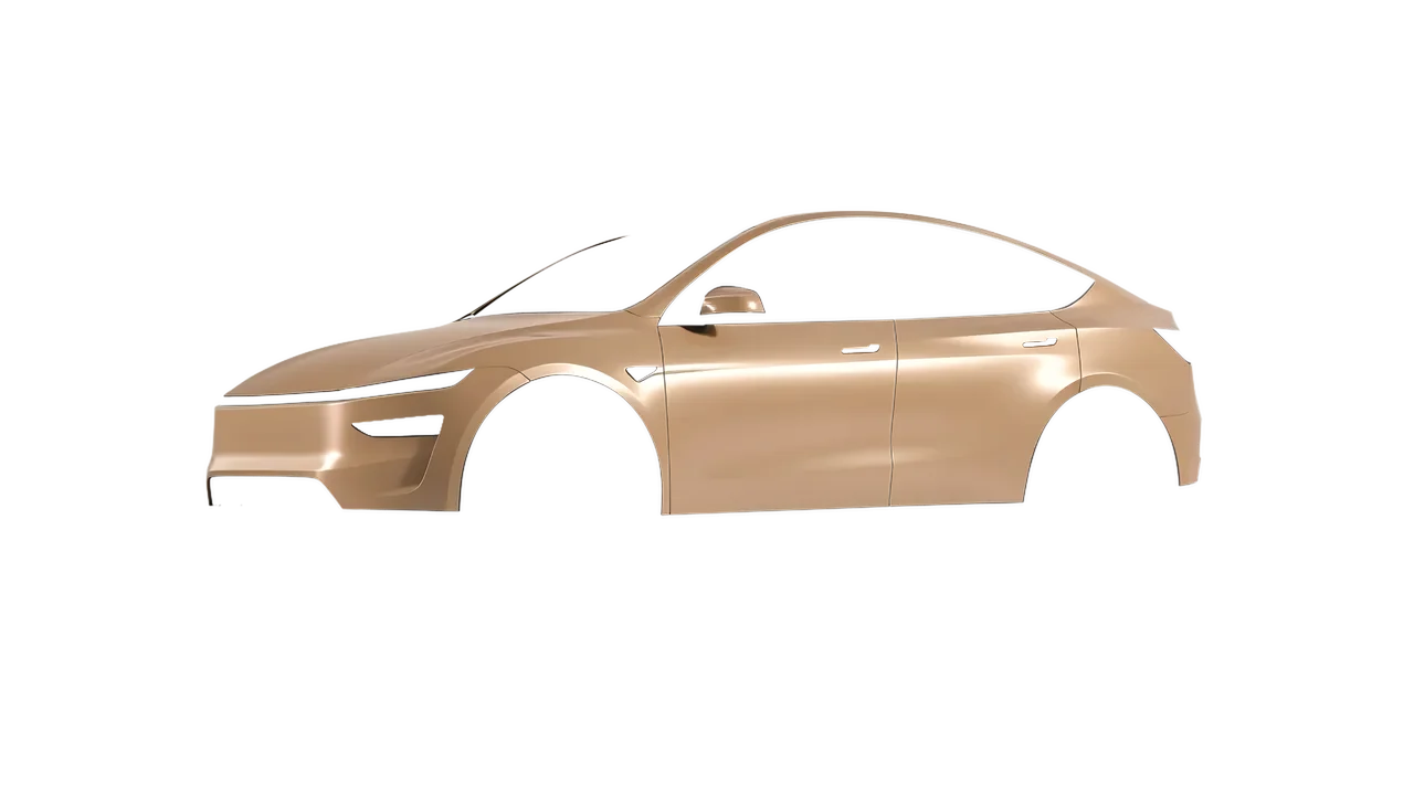 Tesla Model Y Juniper 2025 wrapped in Satin Sandstone (3M S49), front three-quarter view