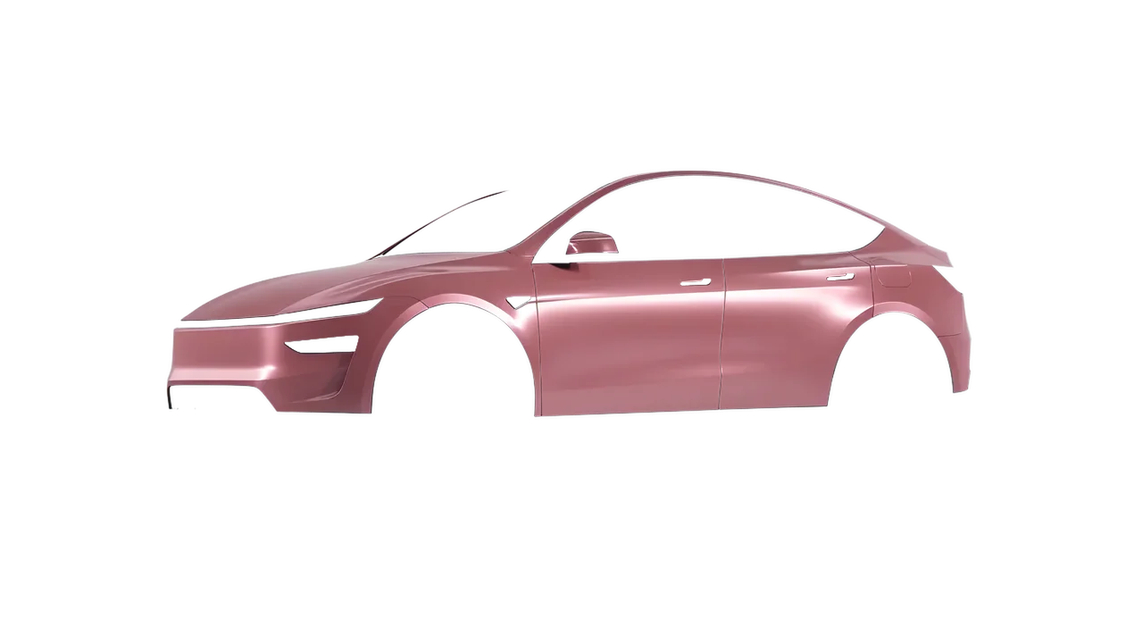 Tesla Model Y Juniper 2025 wrapped in Satin Velvet Rose (3M S23), front three-quarter view