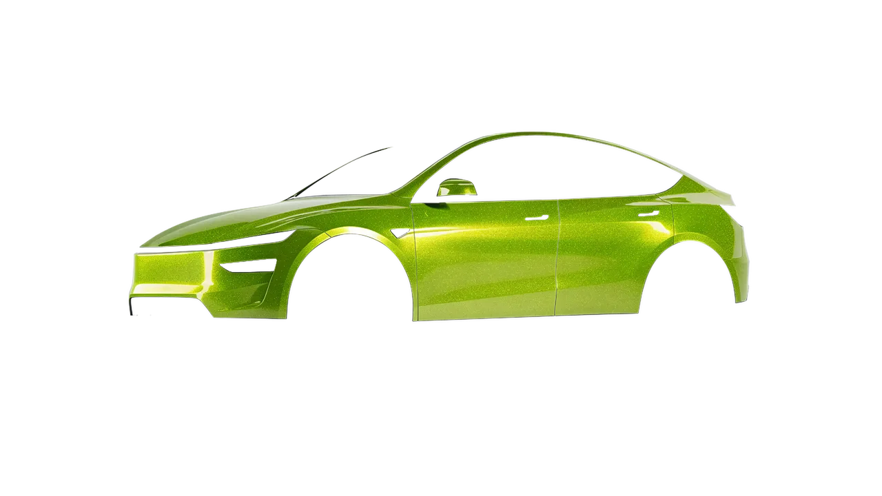 Tesla Model Y Juniper 2025 wrapped in Citrus Fury Gloss (ORACAL 970RA-183G), front three-quarter view