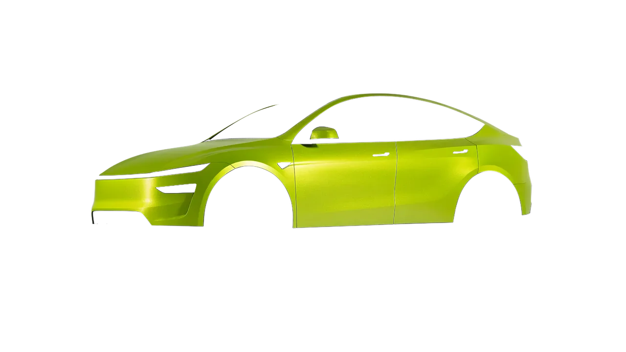 Tesla Model Y Juniper 2025 wrapped in Citrus Fury Matt (ORACAL 970RA-183M), front three-quarter view
