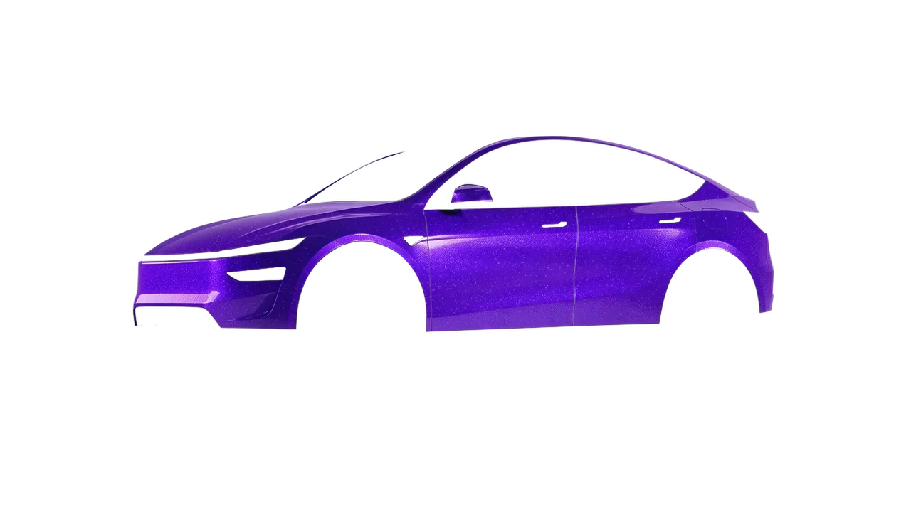 Tesla Model Y Juniper 2025 wrapped in Enchanted Violet Gloss (ORACAL 970RA-185G), front three-quarter view