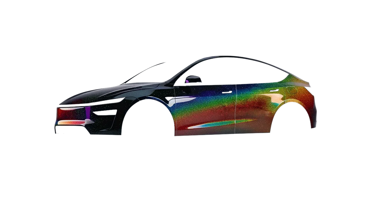 Tesla Model Y Juniper 2025 wrapped in Morpheus Black Starlight Gloss (KPMF K75470), front three-quarter view