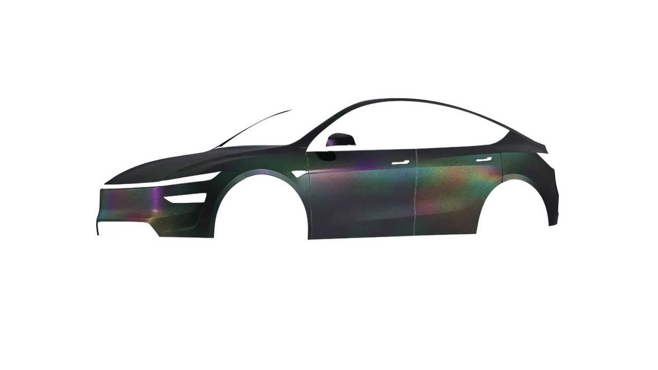 Tesla Model Y Juniper 2025 wrapped in Matt Morpheus Black Starlight (KPMF K75571), front three-quarter view
