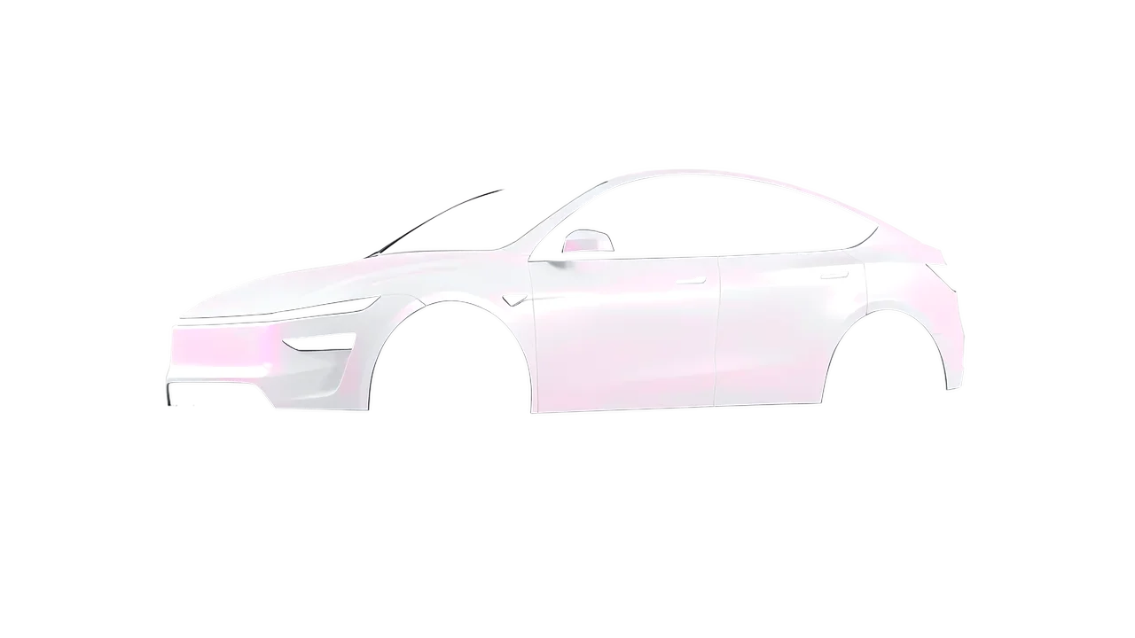 Tesla Model Y Juniper 2025 wrapped in Matt Pink White Starlight (KPMF K75574), front three-quarter view