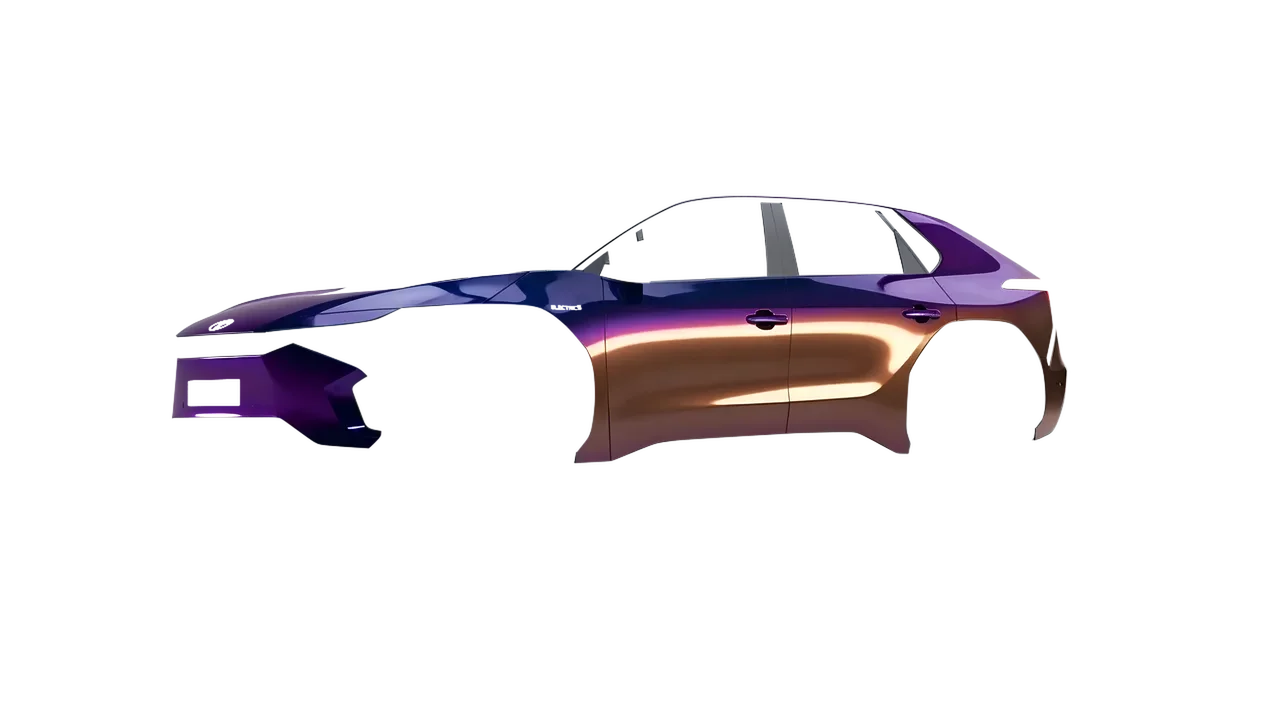 Toyota bZ4X 2023 wrapped in Gloss Flip Deep Space (3M GP278), front three-quarter view