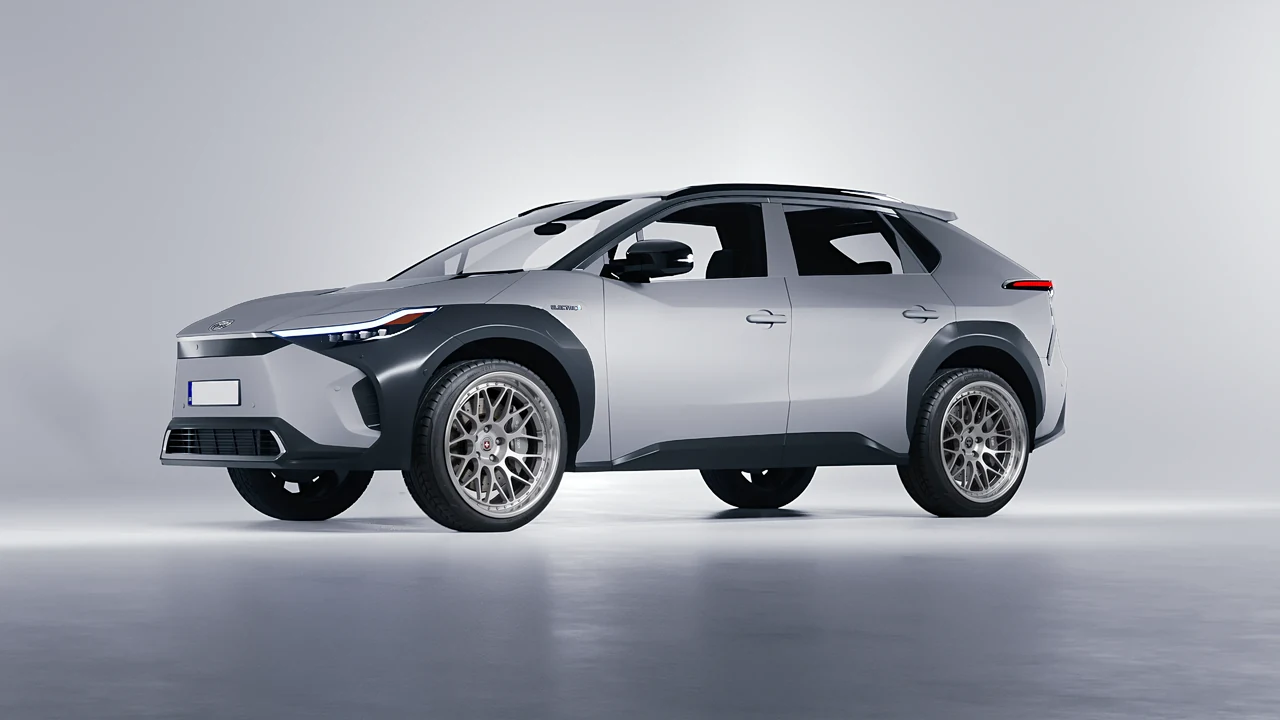 Toyota bZ4X 2023 on HRE Performance Wheels 300 forged wheels, front three-quarter view