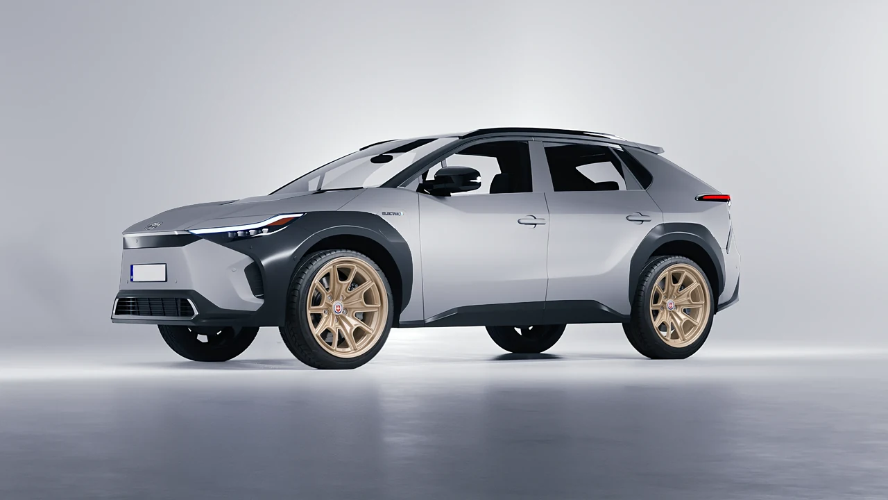 Toyota bZ4X 2023 on HRE Performance Wheels 427M forged wheels, front three-quarter view