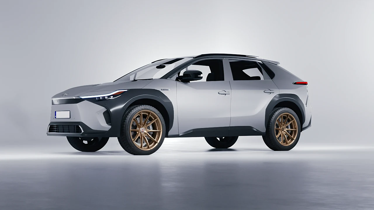 Toyota bZ4X 2023 on HRE Performance Wheels S104SC forged wheels, front three-quarter view