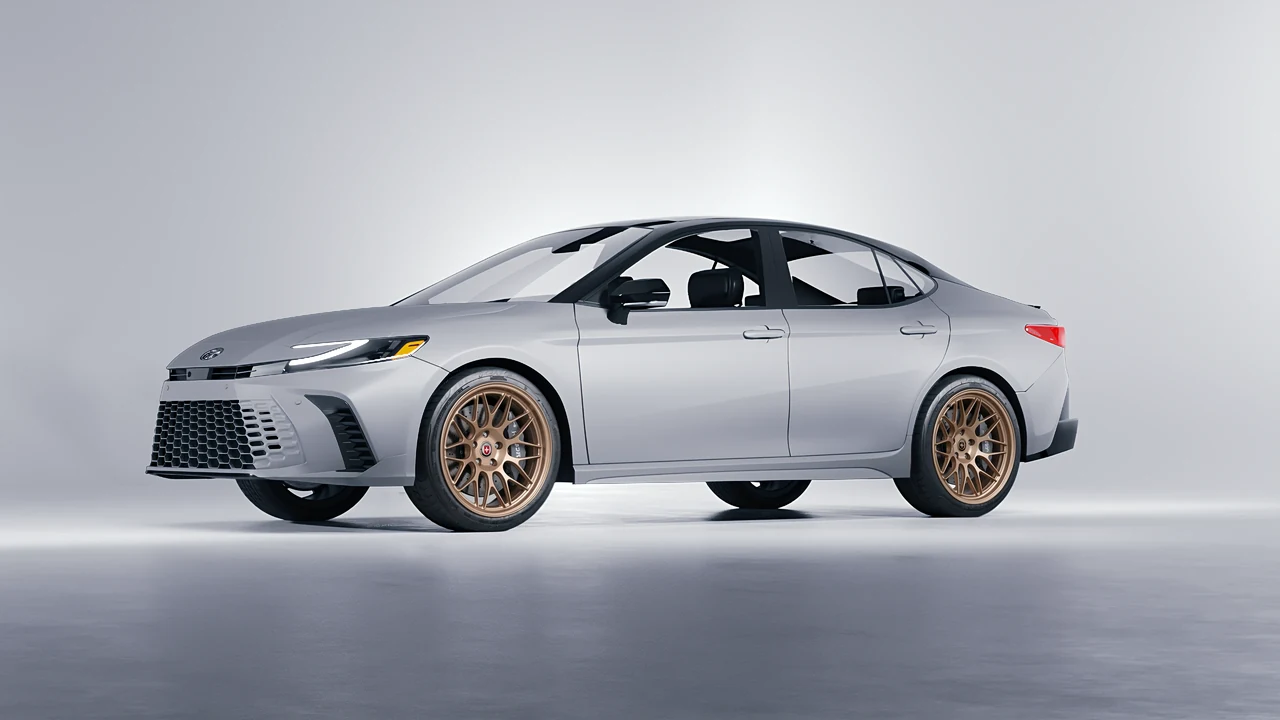 Toyota Camry Hybrid 2025 on HRE Performance Wheels 300-GTS forged wheels, front three-quarter view