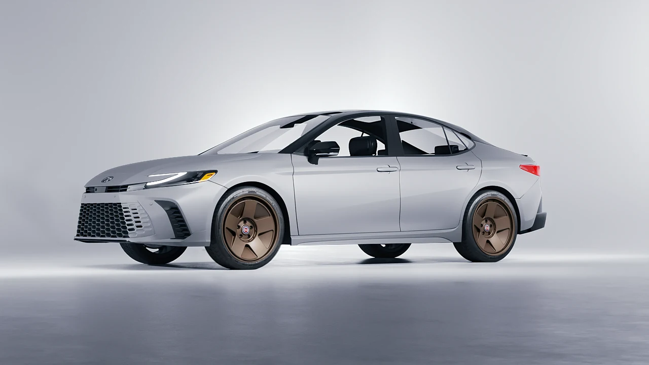 Toyota Camry Hybrid 2025 on HRE Performance Wheels 555-GTM forged wheels, front three-quarter view