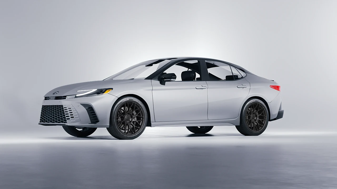 Toyota Camry Hybrid 2025 on HRE Performance Wheels RC100 forged wheels, front three-quarter view