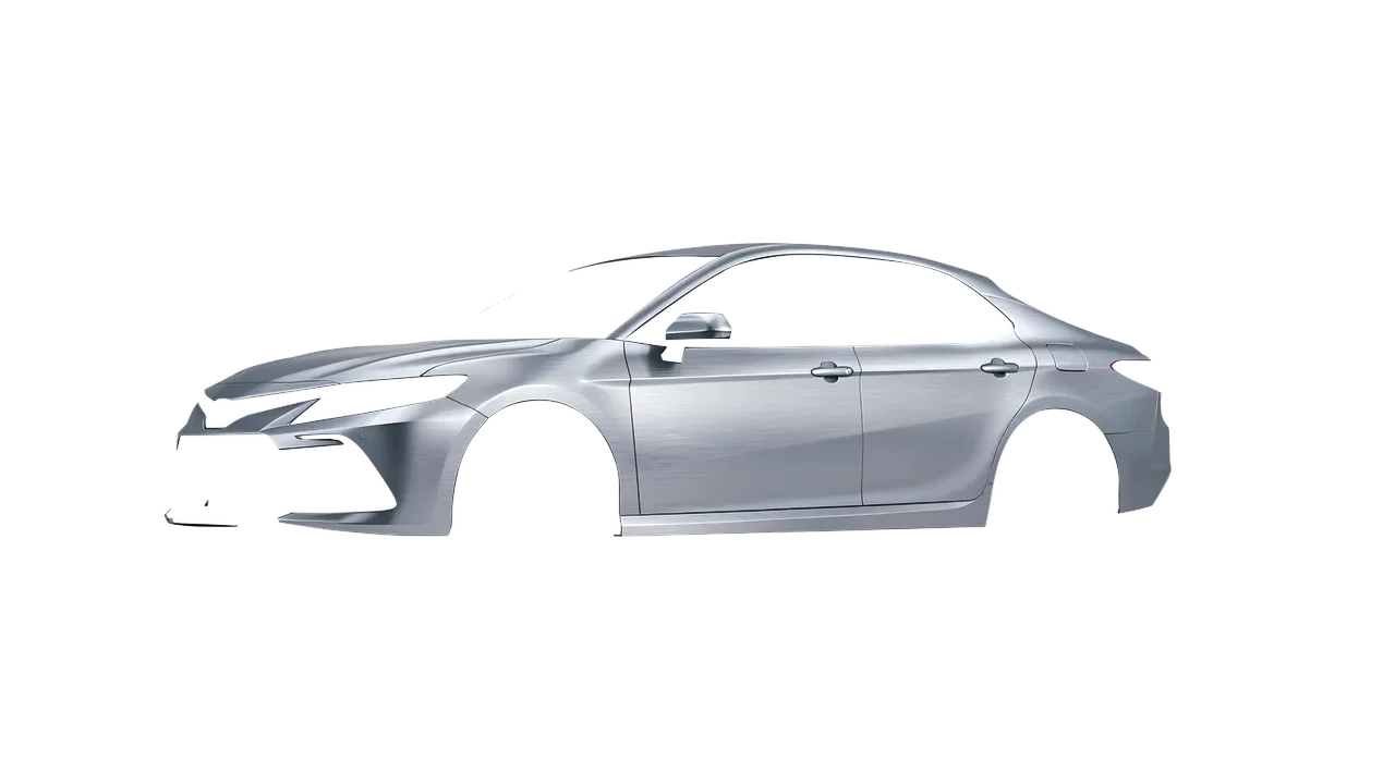 Toyota Camry LE Hybrid 2023 wrapped in Brushed Aluminum (Avery Dennison SW900-812-X), front three-quarter view