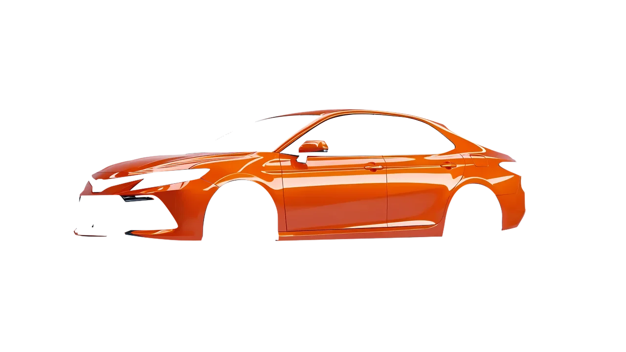 Toyota Camry LE Hybrid 2023 wrapped in Fiery Orange (3M G364), front three-quarter view