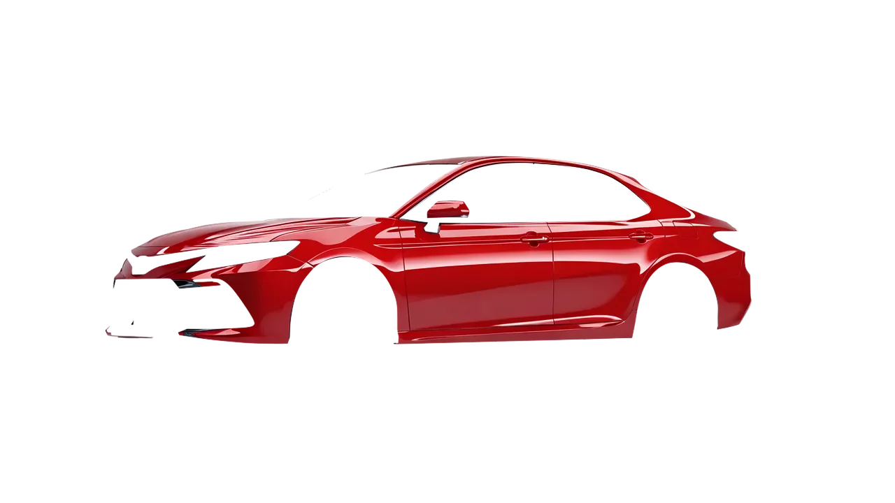 Toyota Camry LE Hybrid 2023 wrapped in Hot Rod Red (3M G13), front three-quarter view