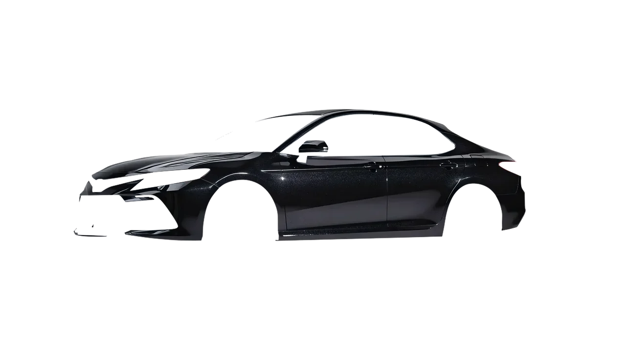 Toyota Camry LE Hybrid 2023 wrapped in Mystery Black (Avery Dennison SW900-184-M), front three-quarter view