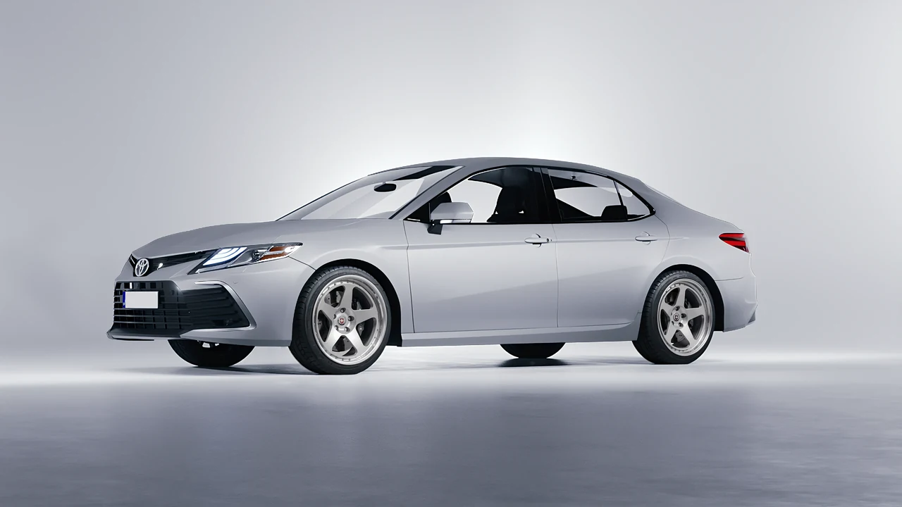 Toyota Camry LE Hybrid 2023 on HRE Performance Wheels 305 forged wheels, front three-quarter view