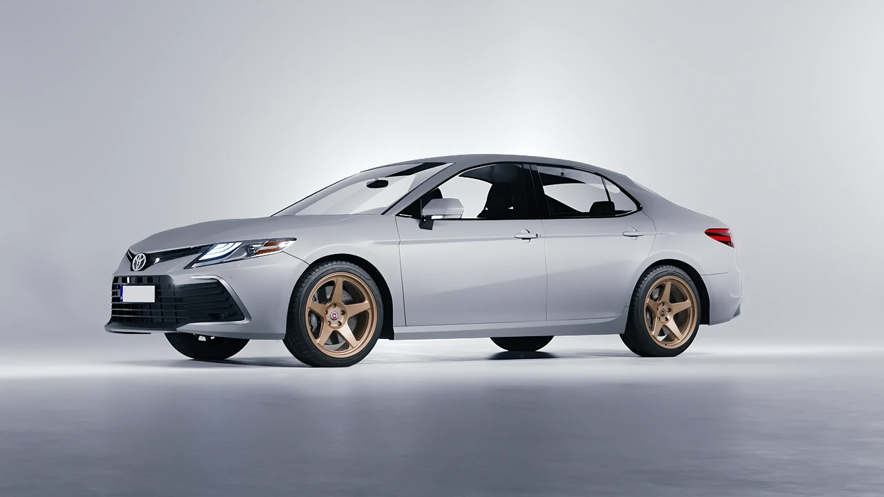 Toyota Camry LE Hybrid 2023 on HRE Performance Wheels 305-GTS forged wheels, front three-quarter view