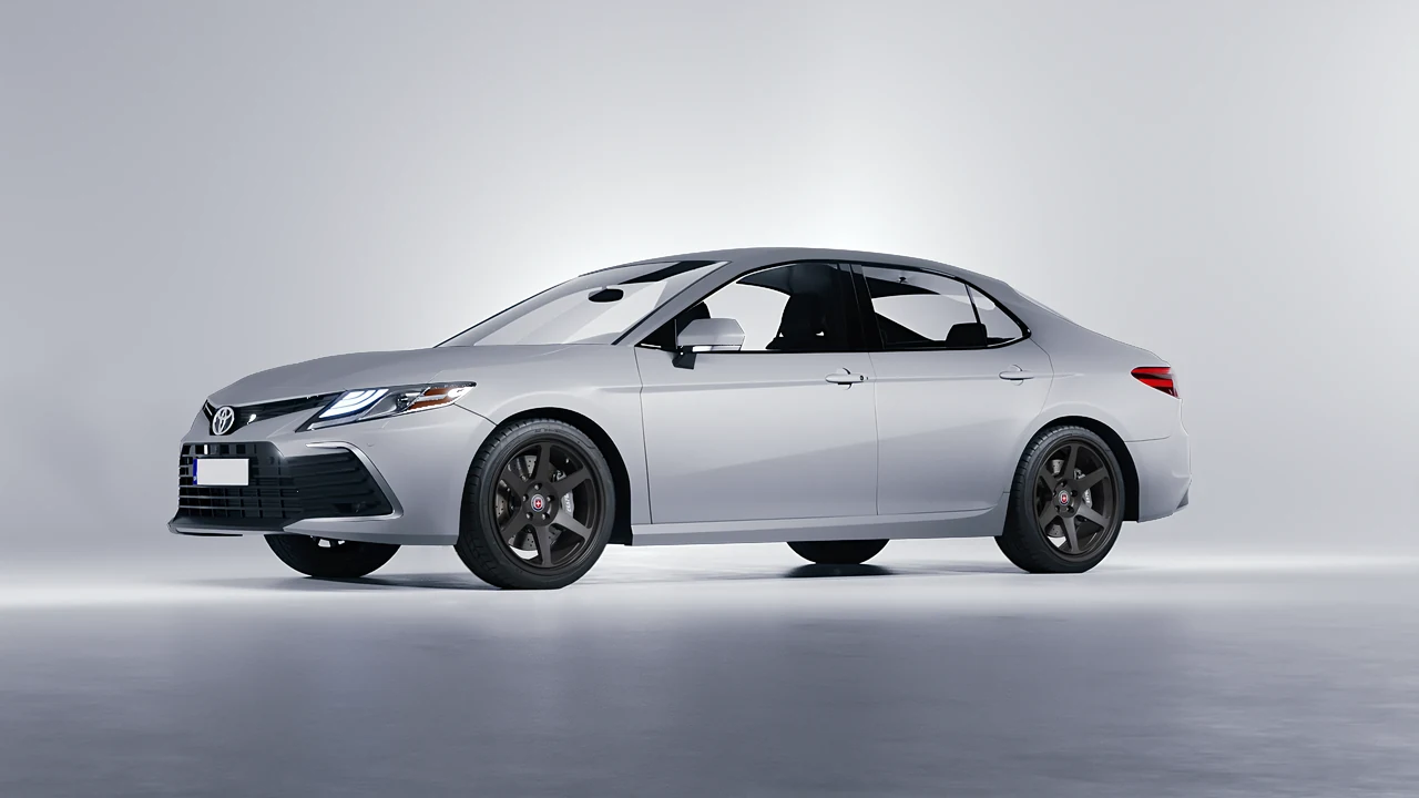 Toyota Camry LE Hybrid 2023 on HRE Performance Wheels 306-GT forged wheels, front three-quarter view