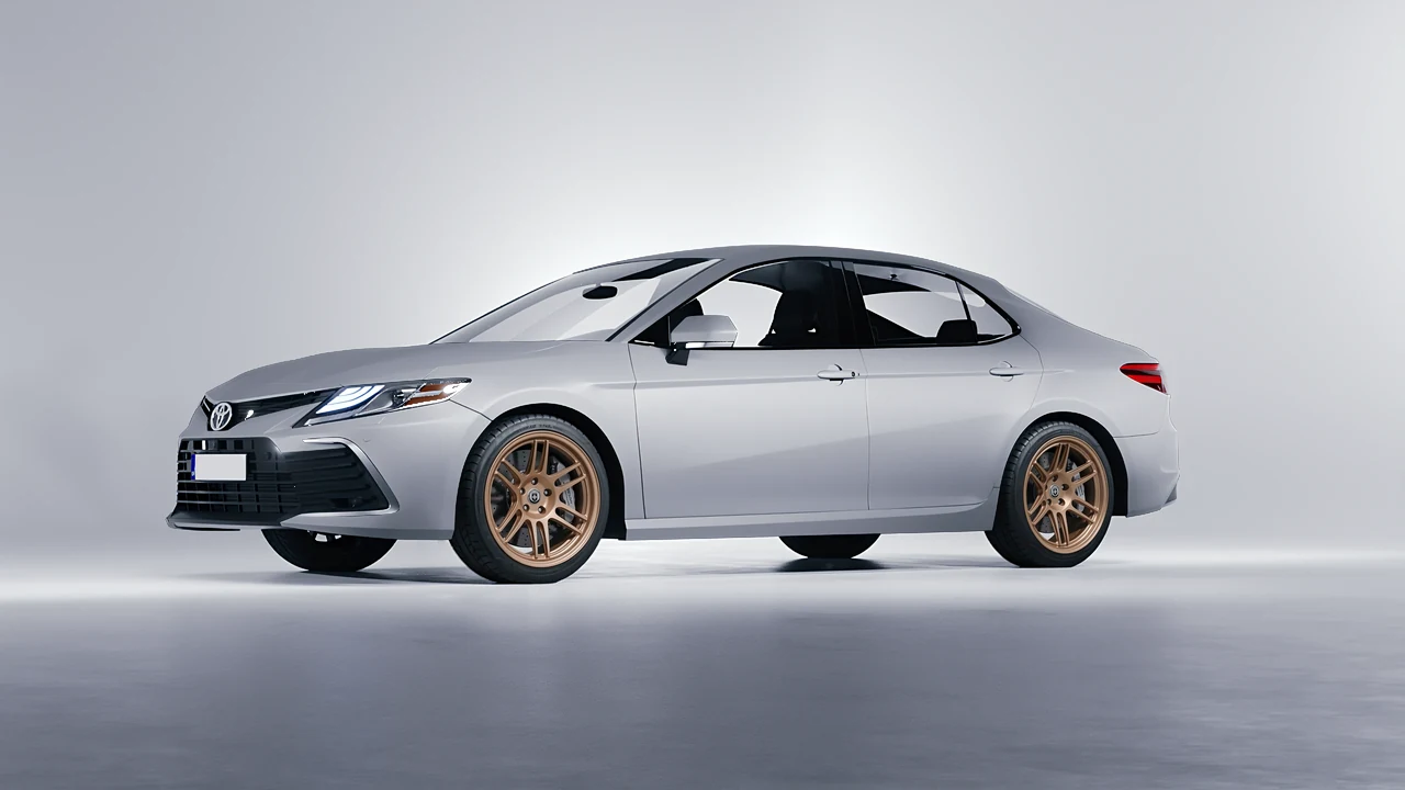 Toyota Camry LE Hybrid 2023 on HRE Performance Wheels 312-GTS forged wheels, front three-quarter view