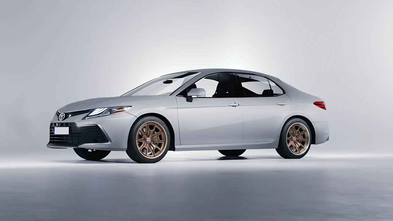 Toyota Camry LE Hybrid 2023 on HRE Performance Wheels 427 forged wheels, front three-quarter view