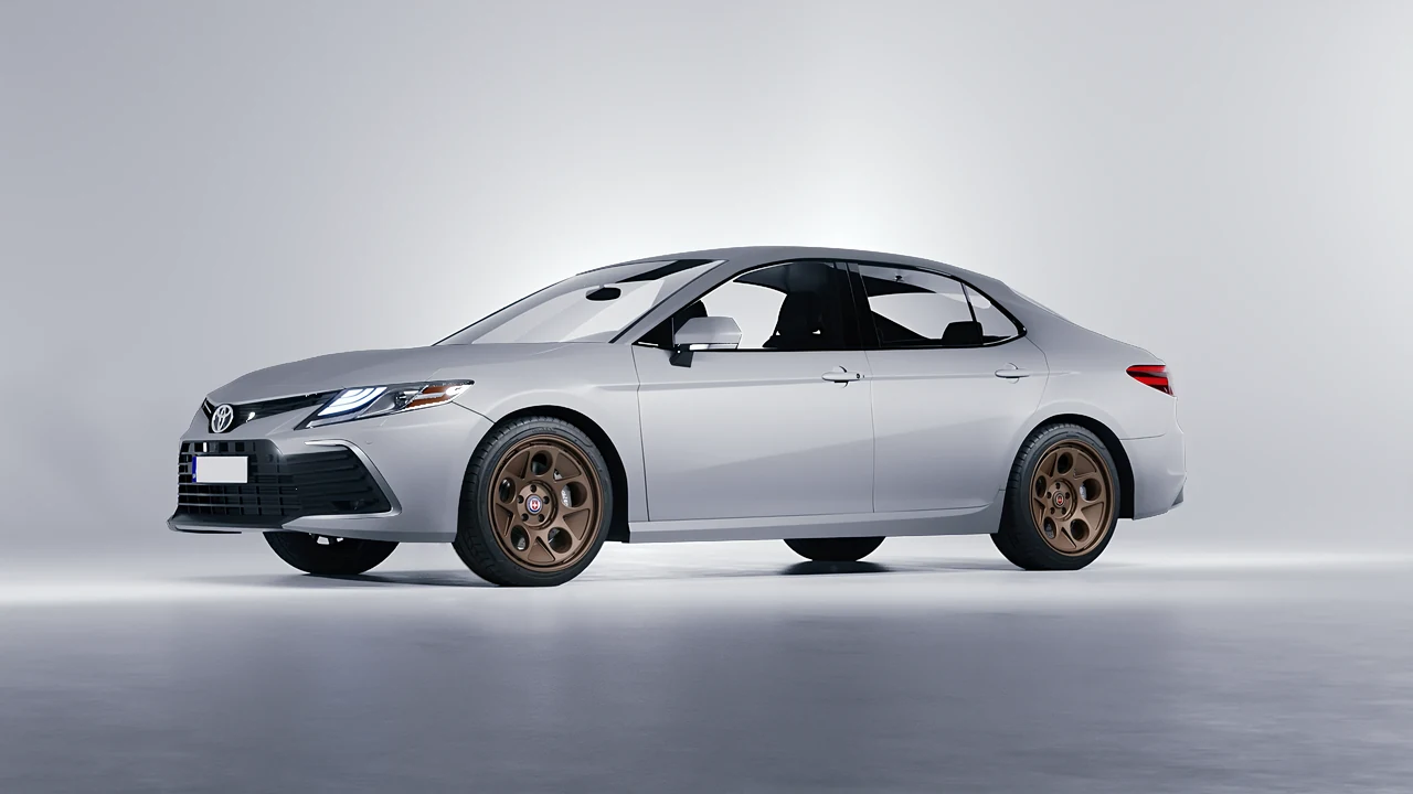 Toyota Camry LE Hybrid 2023 on HRE Performance Wheels 454-GTM forged wheels, front three-quarter view
