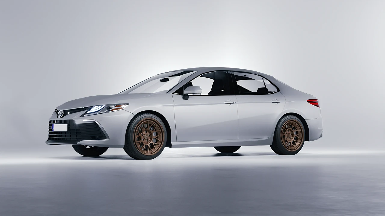 Toyota Camry LE Hybrid 2023 on HRE Performance Wheels 500-GTM forged wheels, front three-quarter view