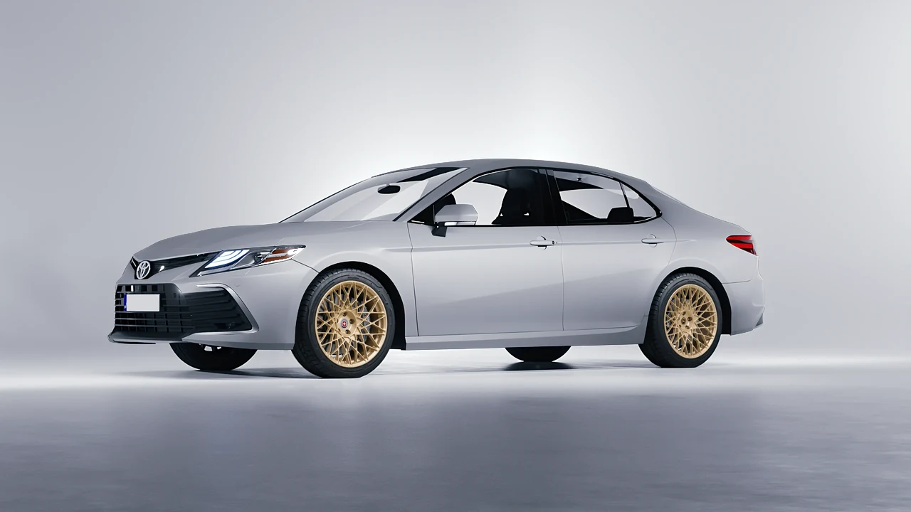 Toyota Camry LE Hybrid 2023 on HRE Performance Wheels 501M forged wheels, front three-quarter view