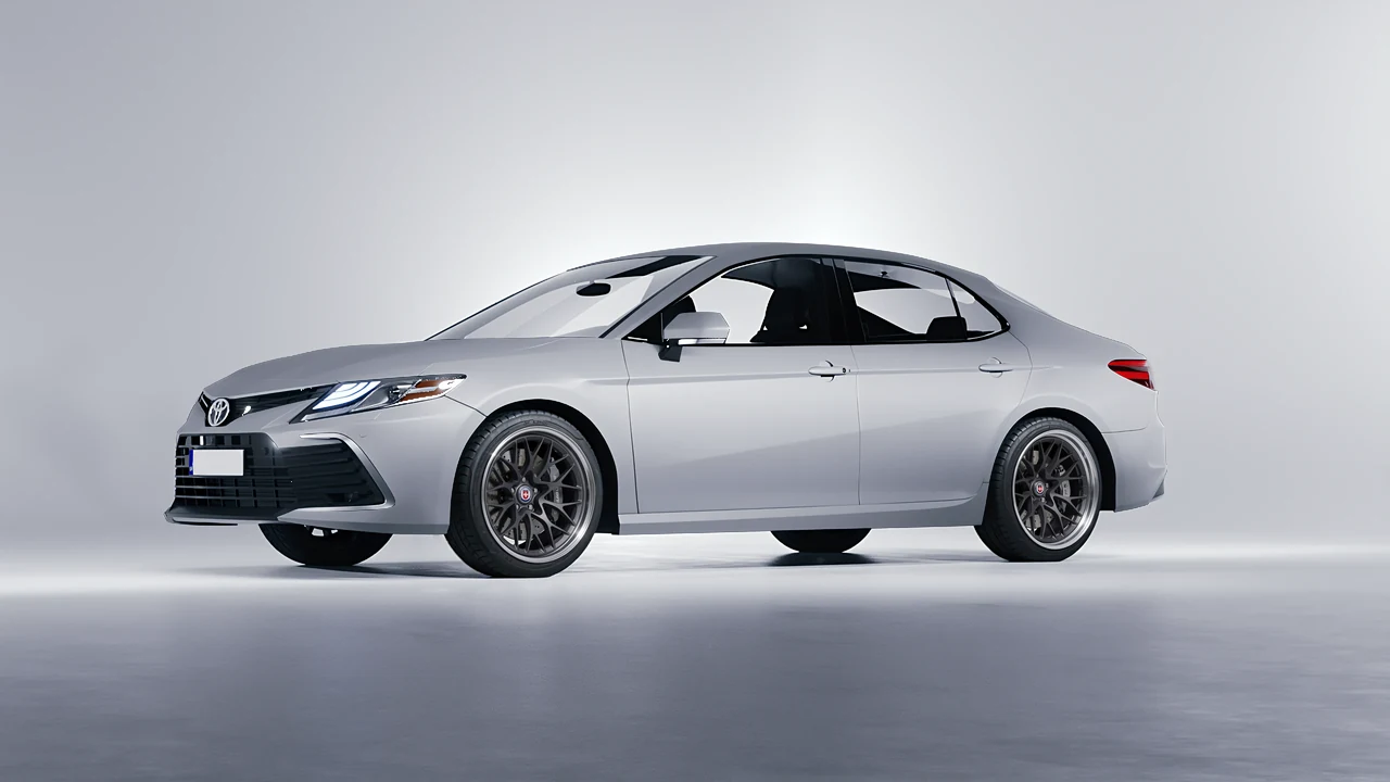 Toyota Camry LE Hybrid 2023 on HRE Performance Wheels 520 forged wheels, front three-quarter view