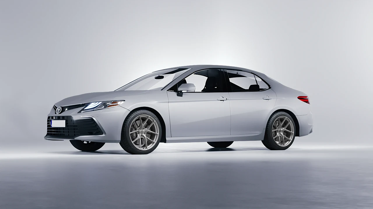 Toyota Camry LE Hybrid 2023 on HRE Performance Wheels P101SC forged wheels, front three-quarter view