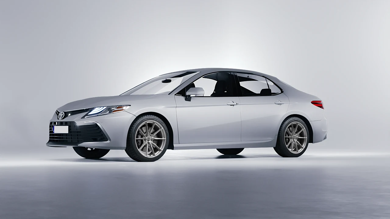 Toyota Camry LE Hybrid 2023 on HRE Performance Wheels P104SC forged wheels, front three-quarter view