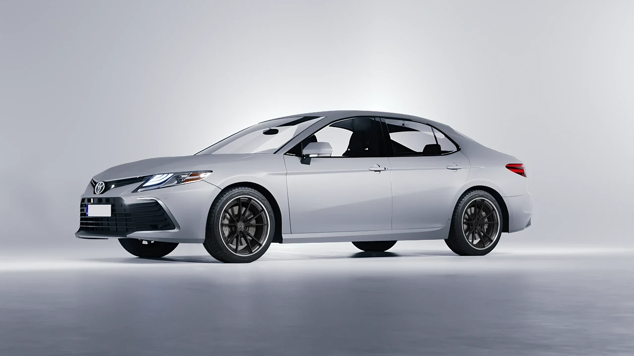Toyota Camry LE Hybrid 2023 on HRE Performance Wheels S104 forged wheels, front three-quarter view