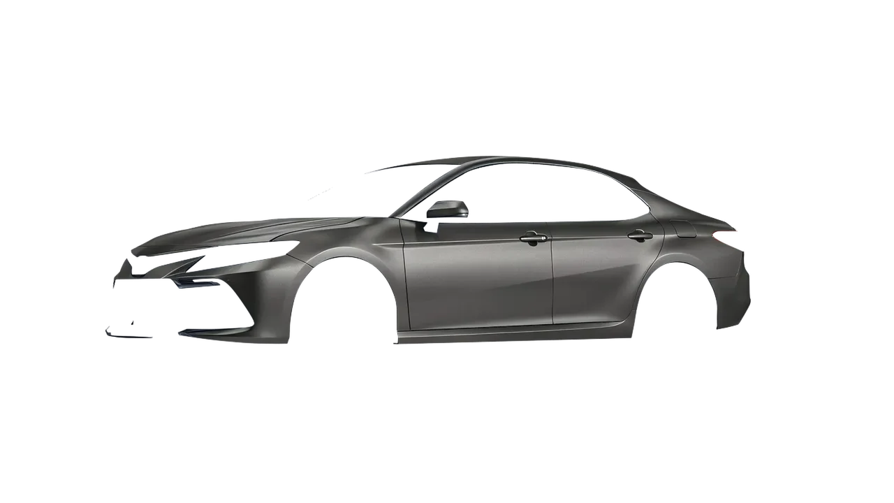 Toyota Camry LE Hybrid 2023 wrapped in Black Rock Grey (Avery Dennison SW900-823-M), front three-quarter view