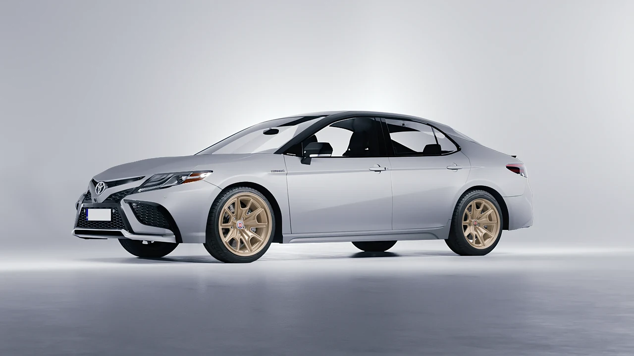 Toyota Camry XSE Hybrid 2023 on HRE Performance Wheels 427M forged wheels, front three-quarter view