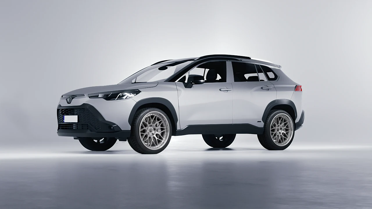 Toyota Corolla Cross Hybrid 2023 on HRE Performance Wheels 300 forged wheels, front three-quarter view