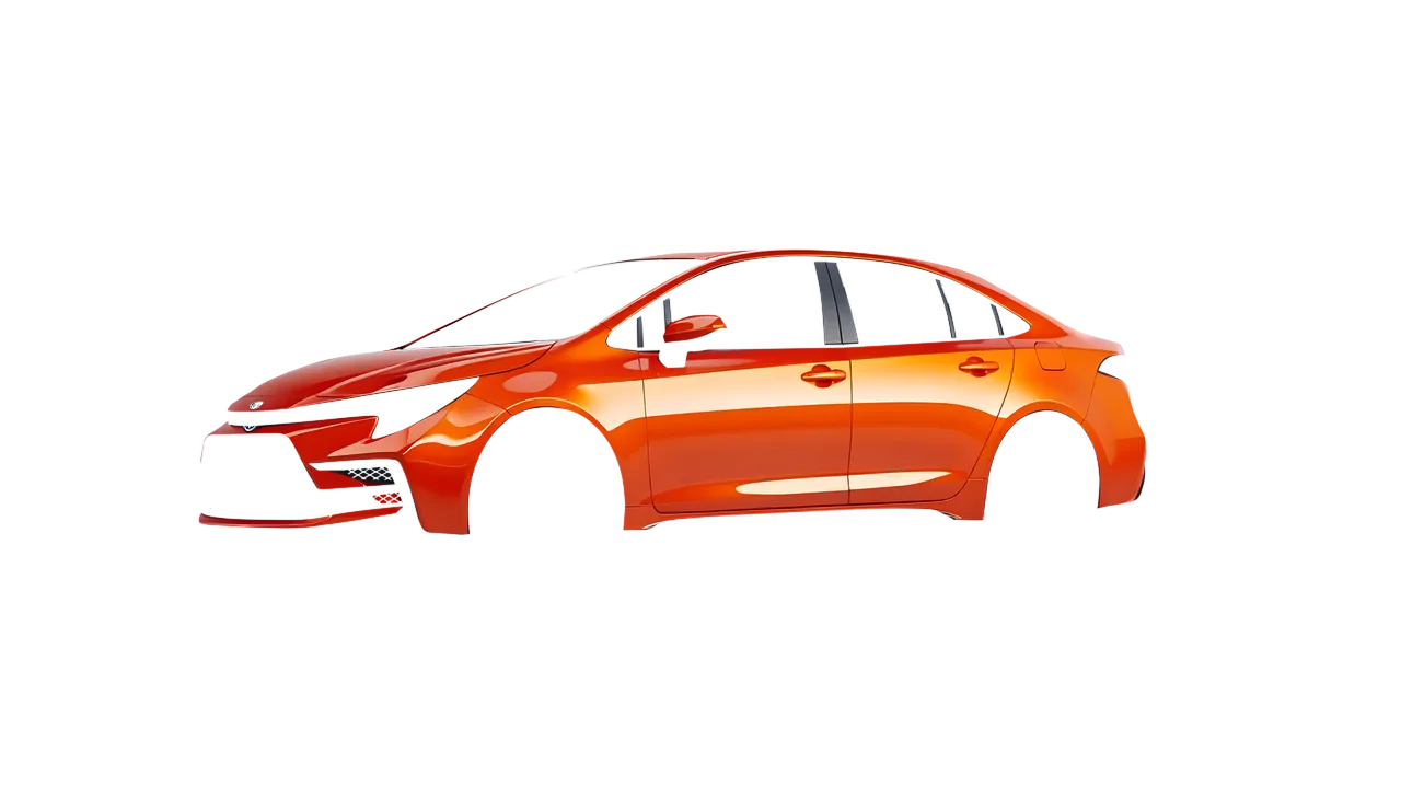 Toyota Corolla Sedan Hybrid 2023 wrapped in Fiery Orange (3M G364), front three-quarter view