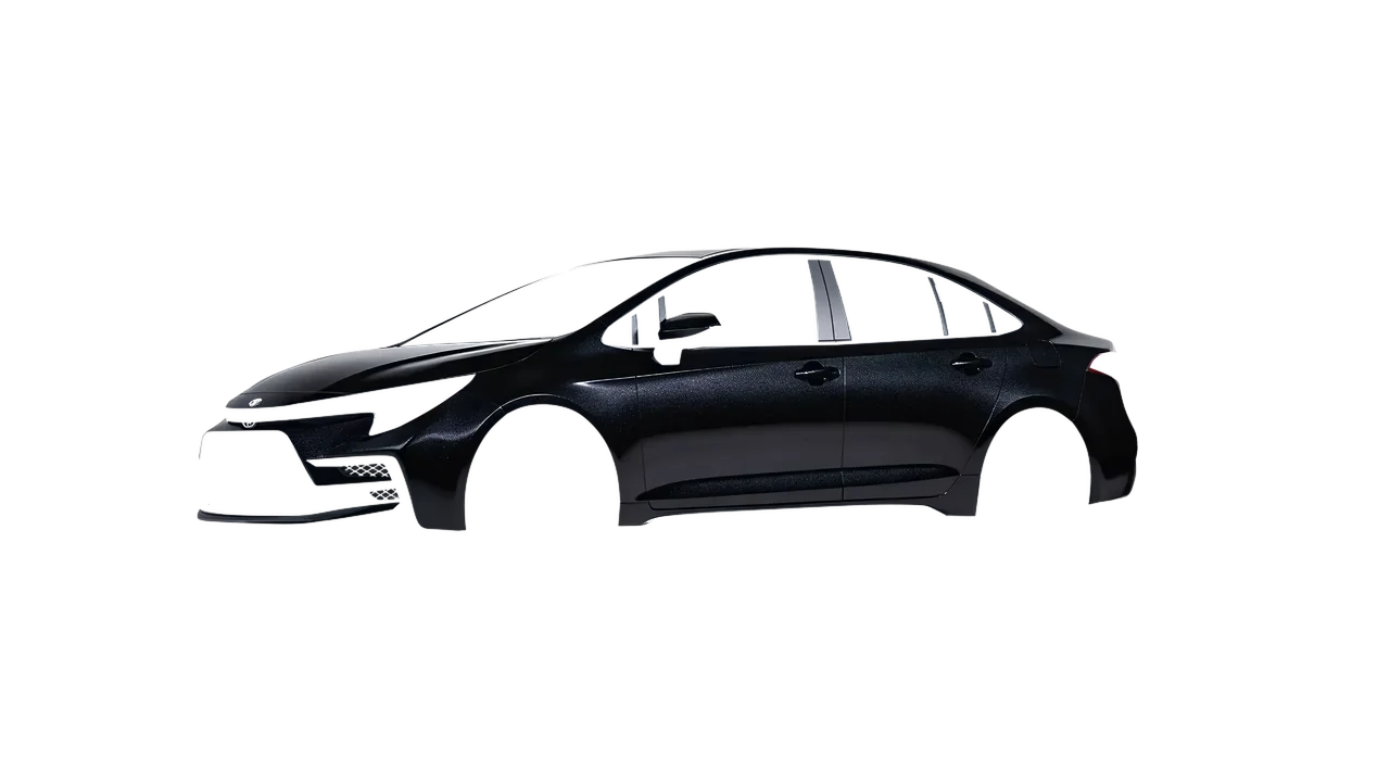 Toyota Corolla Sedan Hybrid 2023 wrapped in Mystery Black (Avery Dennison SW900-184-M), front three-quarter view