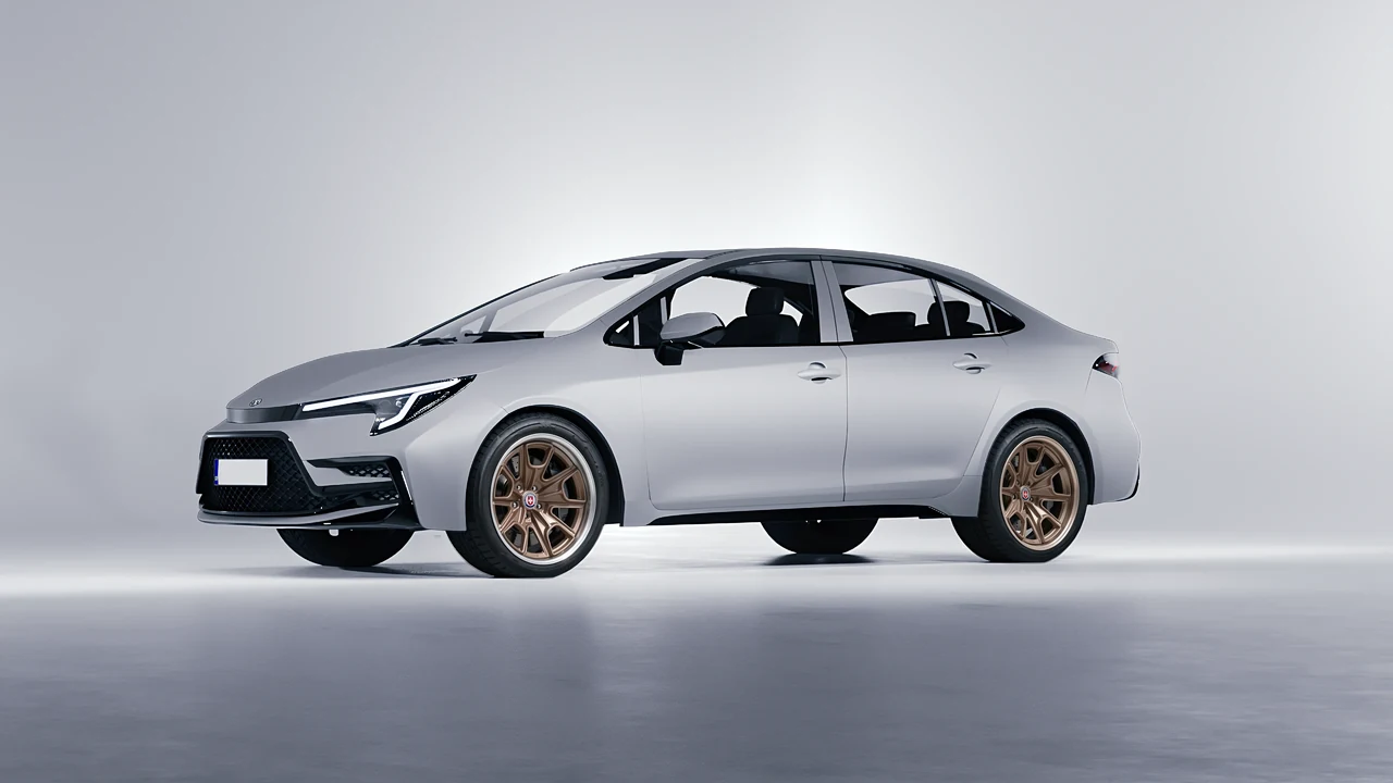 Toyota Corolla Sedan Hybrid 2023 on HRE Performance Wheels 427 forged wheels, front three-quarter view