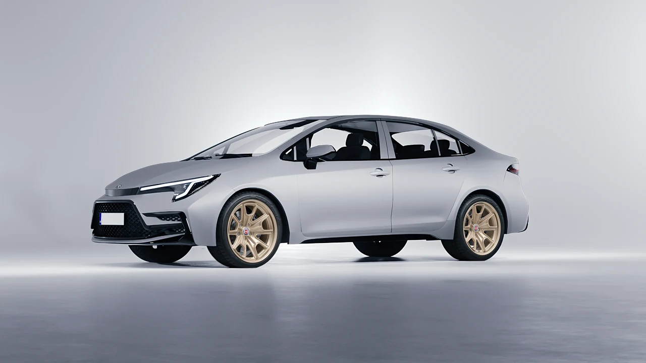 Toyota Corolla Sedan Hybrid 2023 on HRE Performance Wheels 427M forged wheels, front three-quarter view