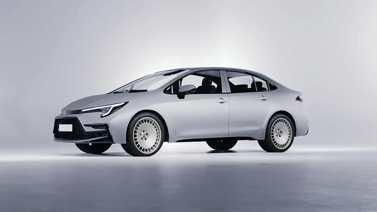 Toyota Corolla Sedan Hybrid 2023 on HRE Performance Wheels 935M forged wheels, front three-quarter view