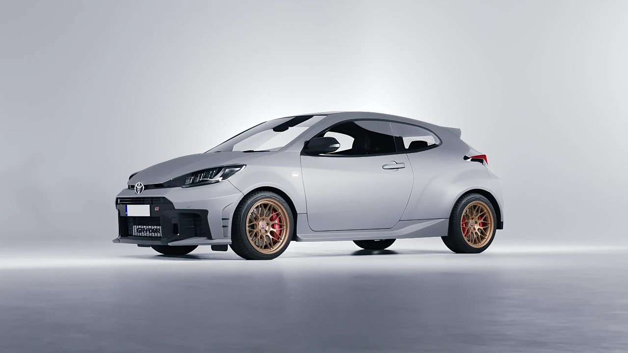 Toyota GR Yaris 2024 on HRE Performance Wheels 300-GTS forged wheels, front three-quarter view