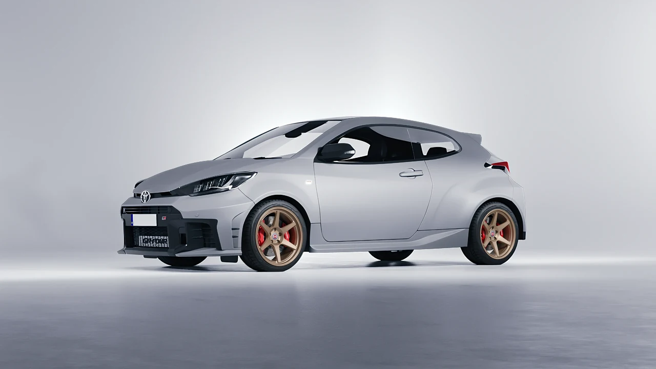 Toyota GR Yaris 2024 on HRE Performance Wheels 306-GTS forged wheels, front three-quarter view