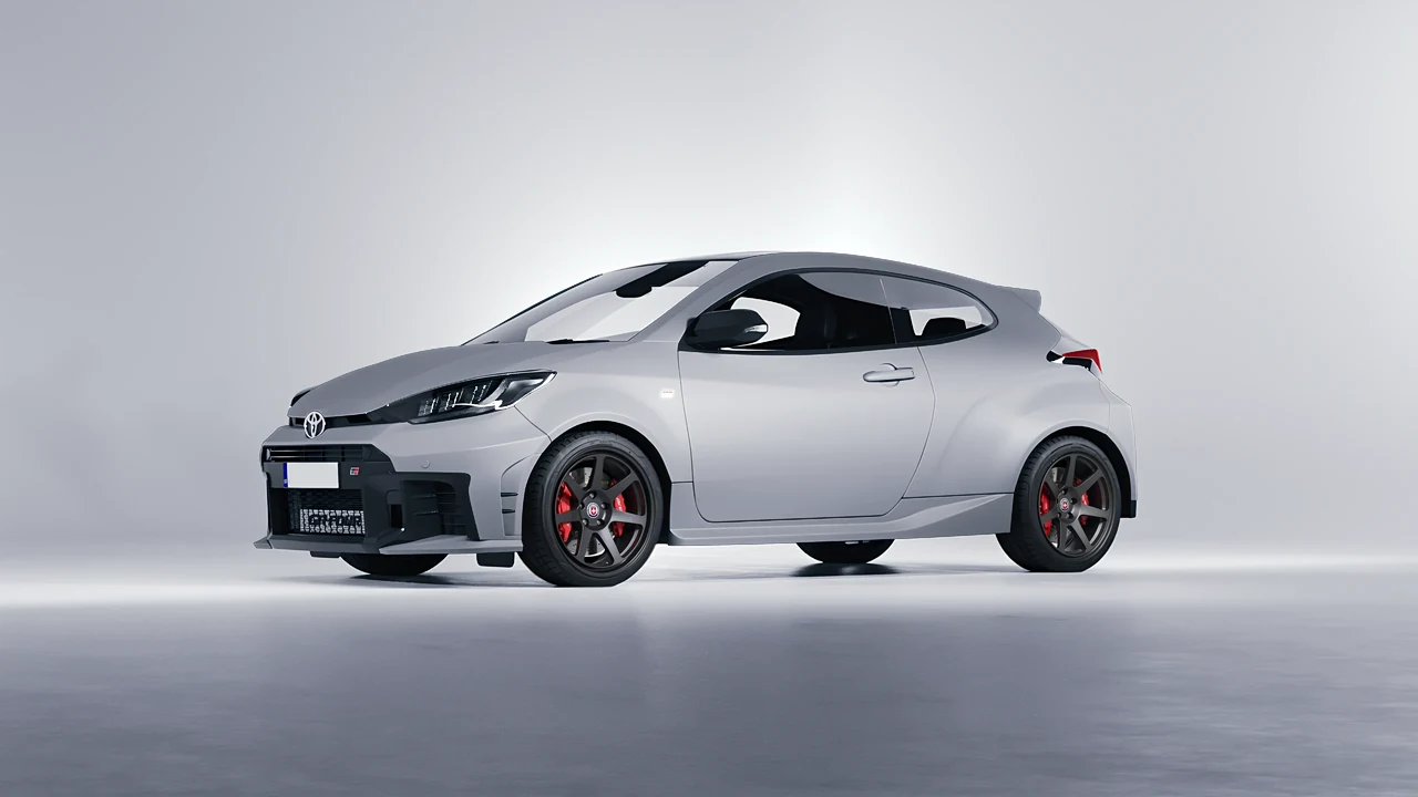 Toyota GR Yaris 2024 on HRE Performance Wheels 307-GT forged wheels, front three-quarter view