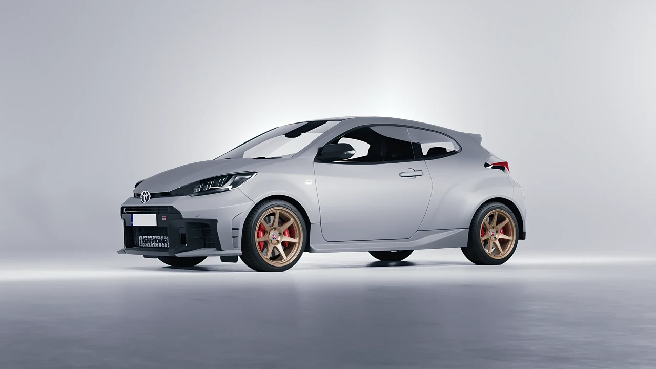 Toyota GR Yaris 2024 on HRE Performance Wheels 307-GTS forged wheels, front three-quarter view