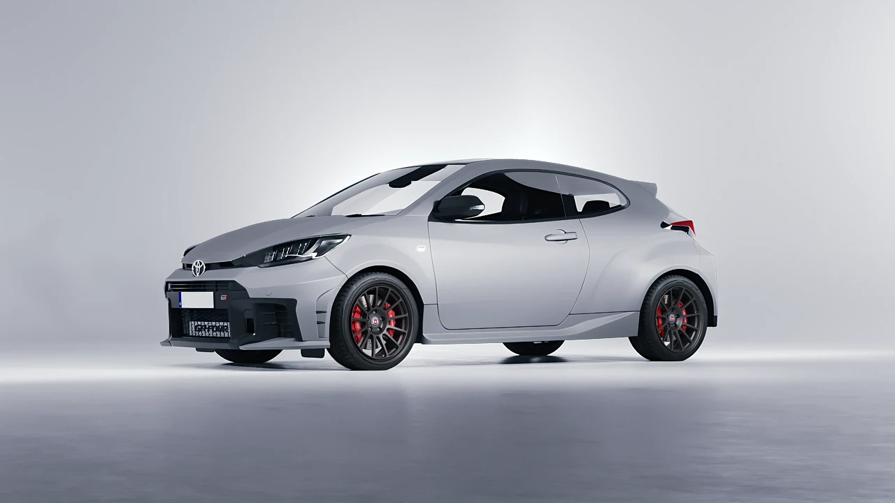 Toyota GR Yaris 2024 on HRE Performance Wheels 313-GT forged wheels, front three-quarter view