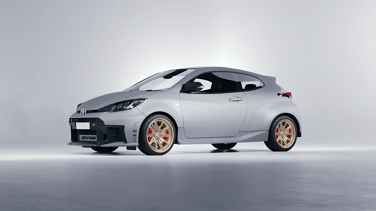 Toyota GR Yaris 2024 on HRE Performance Wheels 427M forged wheels, front three-quarter view
