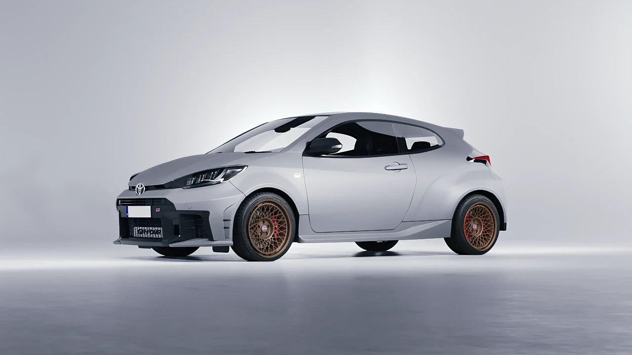 Toyota GR Yaris 2024 on HRE Performance Wheels 501-GTM forged wheels, front three-quarter view
