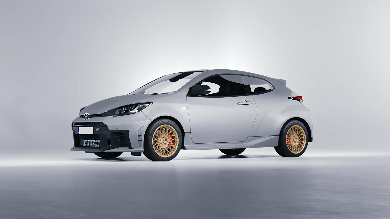 Toyota GR Yaris 2024 on HRE Performance Wheels 501M forged wheels, front three-quarter view