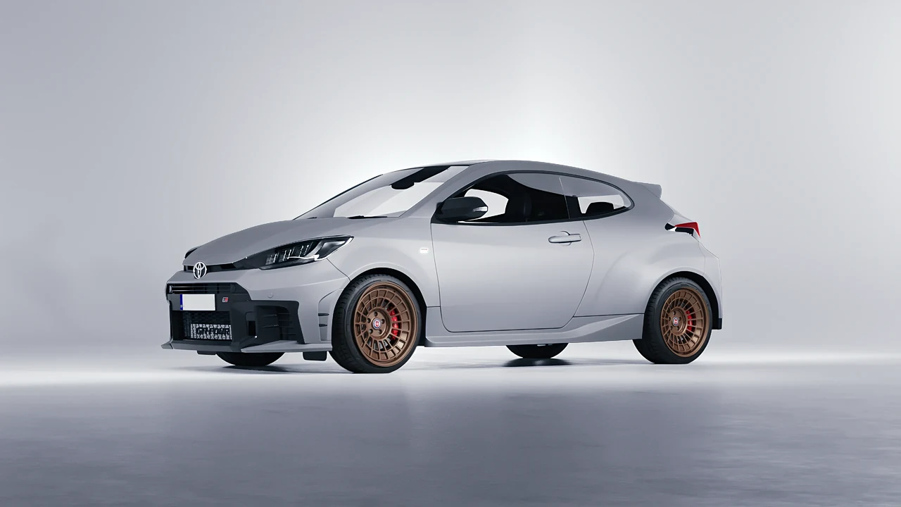 Toyota GR Yaris 2024 on HRE Performance Wheels 515-GTM forged wheels, front three-quarter view
